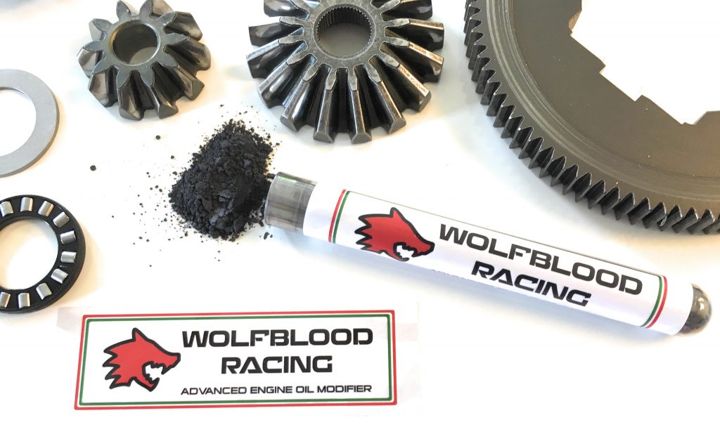 wolfblood racing advanced engine oil modifier additive grease lubricant motor tube powder with gears and bearings